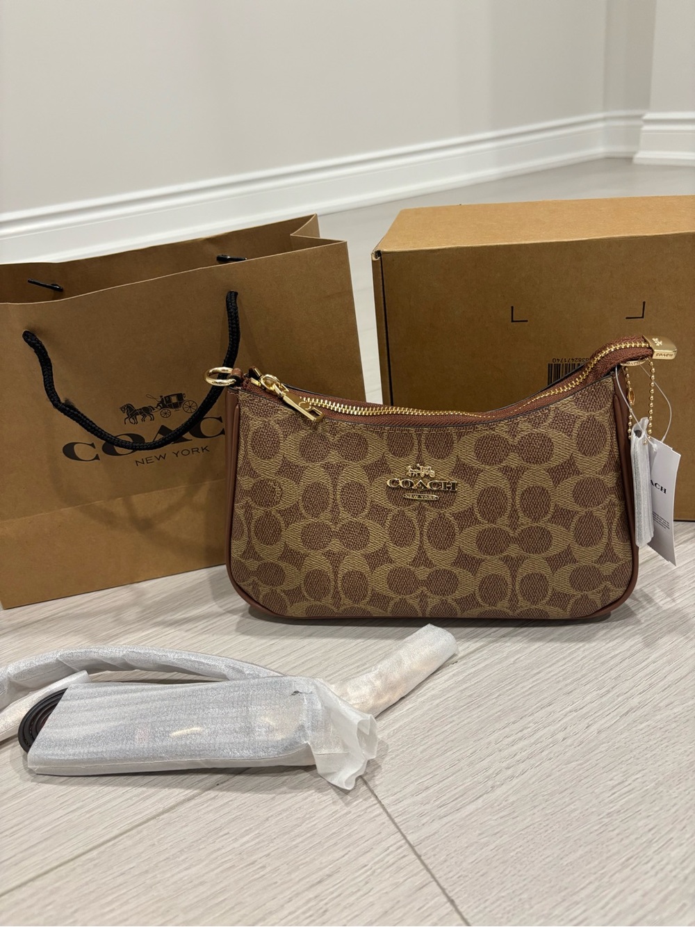 Coach Brown Signature Canvas Shoulder Bag with Gold Hardware